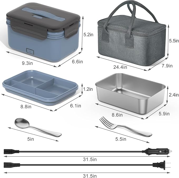 Herrfilk Electric Lunch Box Food Heater 100W, 4 in 1 Ultra Quick Heated Lunch Boxes for Adults 12V/24V/110V/220V Portable Food Warmer for Car/Truck/Office With Fork Spoon and Insulated Carry Bag