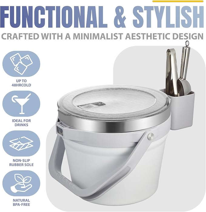 COKTIK 7L Vacuum Insulated Ice Bucket with Lid and Scoop& Tongs，Large capacity Stainless Steel Beverage Bucket for Cocktail, Champagne, Wine, Beer，Large Parties（Milk White Suit）