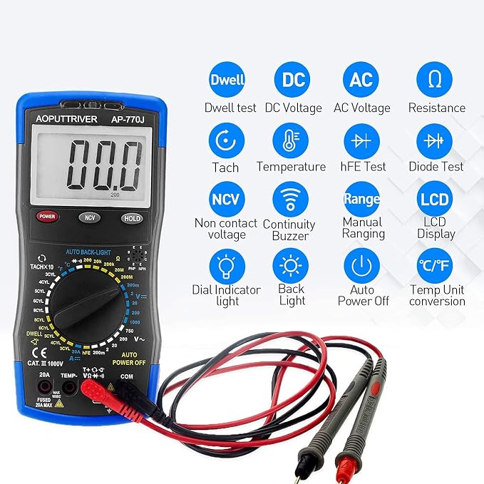 Digital Multimeter AP-770J Automotive Multimeter Engine Analyser Manual Ranging NCV Multi Tester Measure Voltage/Current/Resistance/Temp/RPM/Dwell Angle with Data Hold+Backlight+Auto Off+℃/℉