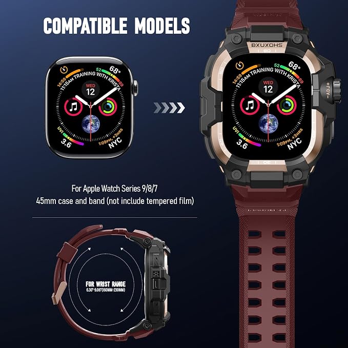 BXUXOHS Rugged Case and Band for Apple Watch 45mm Men, Compatible with Apple Watch Series 9/8/7, Military Grade Shockproof Bumper Cover, Tactical Band Case for iWatch 9/8/7 Man, Wine Red