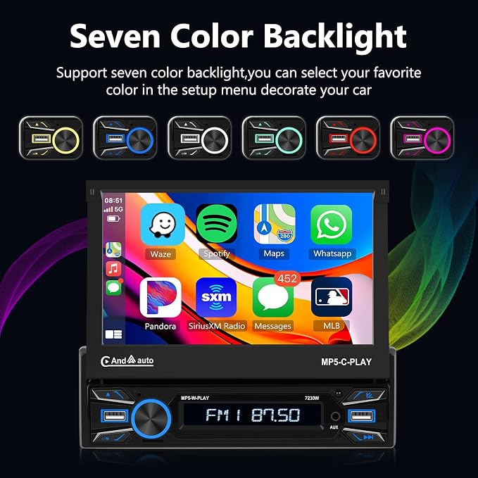 [Automatic] Single Din Flip Out Car Stereo Wireless Carplay Android Auto-7 Inch Touch Screen Radio-USB/TF/AUX in, Mirror Link,FM Radio,Bluetooth, Backup Camera