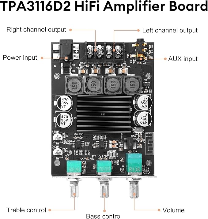 Daakro ZK-1002T Bluetooth Amplifier Board,100W+100W 2.0 Channel Amp Board with Treble/Bass Control,DC 12-24V, Bluetooth and AUX Inputs, Audio Amp Board for Home DIY Wireless Speakers, Password Free