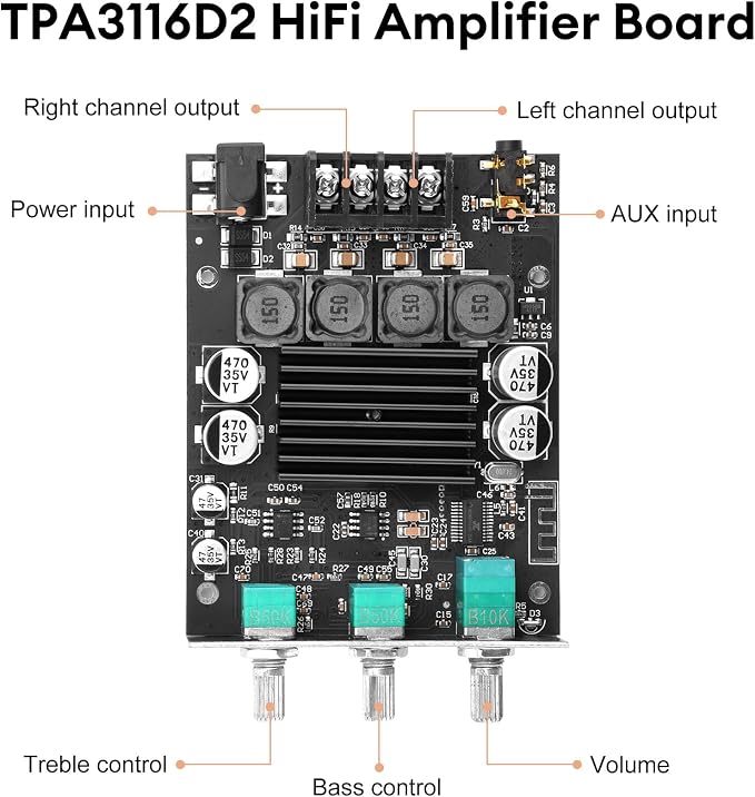 Daakro ZK-1002T Bluetooth Amplifier Board,100W+100W 2.0 Channel Amp Board w/Treble/Bass Control,DC 12-24V, BT/AUX Inputs,Audio Amp Board for Home DIY Wireless Speakers,Password Free (2PCS ZK-1002T)