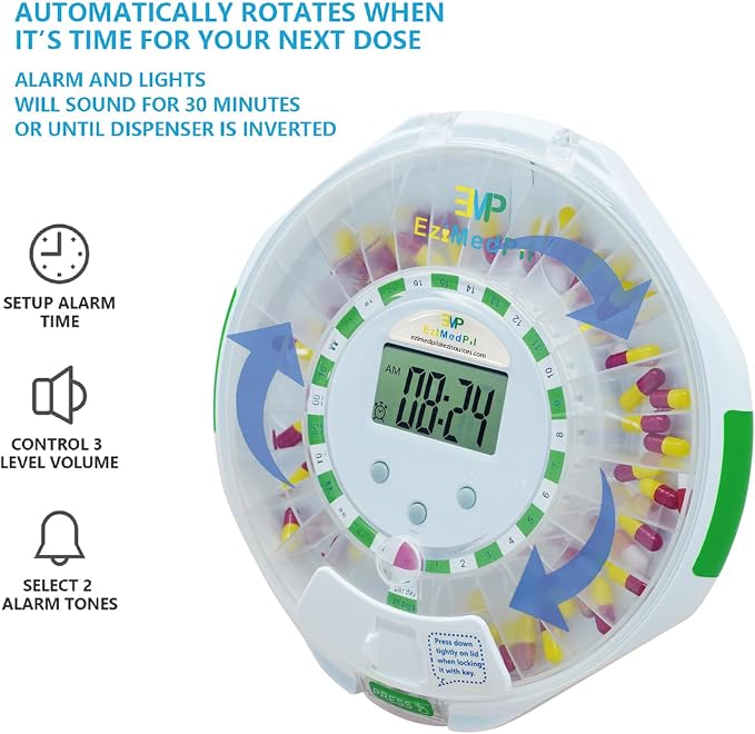 EziMedPil Bluetooth Automatic Pill Dispenser with App, Alarm, Light Alerts | Caregiver Tracks Adherence History on App, 28-Day Organizer with Clear Locked Lid & Clear LCD Monitoring Friendly for Seniors
