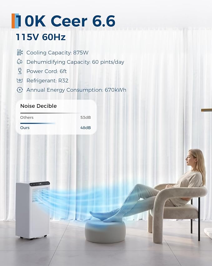 Garvee 10000BTUs Portable Air Conditioner for 450 Sq.Ft Max.Portable AC Unitwith Dehumidifier, Fan, Sleep, 24H Timer&Installation Kit, DOE Certified, Ceer 6.6,48dB,Remote Control,White