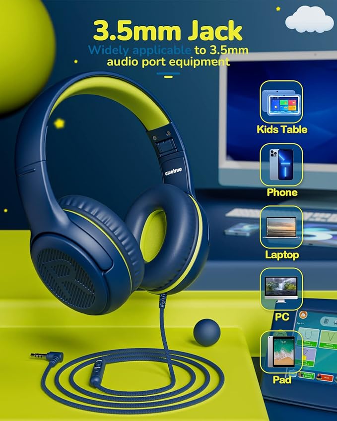 awatrue 2PCS Kids Headphones for School Travel, 85/94dB Safe Volume Limit, 3.5mm Jack, HD Mic, Portable Wired Headphone with Shareport, Stereo Sound On-Ear Headphones for Toddler Kids Girls Boys
