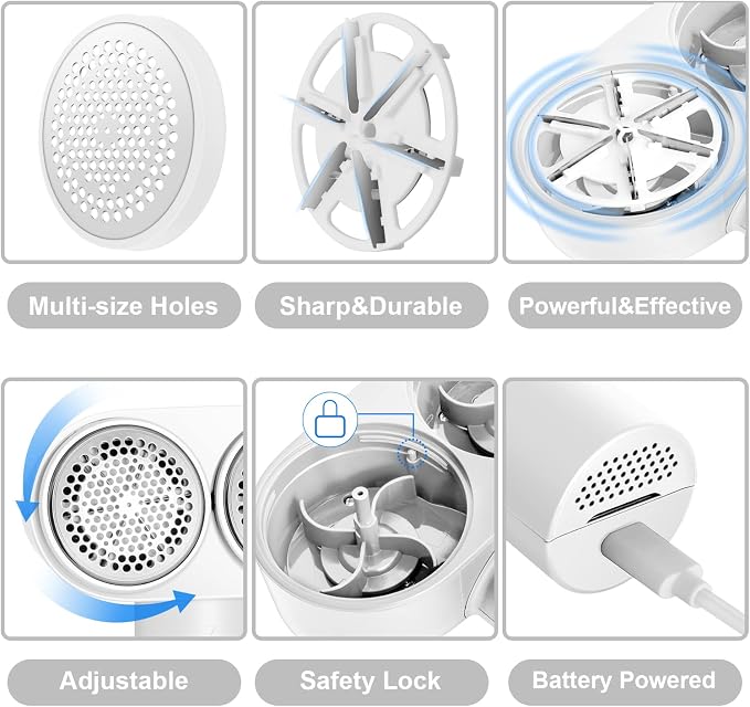 Fabric Shaver, Handzee Electric Lint Shaver, Dual Motor Sweater Shaver, Fabric Pilling Remover, Powerful 2 Gear 6-Leaf Blades, Portable Defuzzer Clothes Fuzz Remover for Sweater Furniture (White)