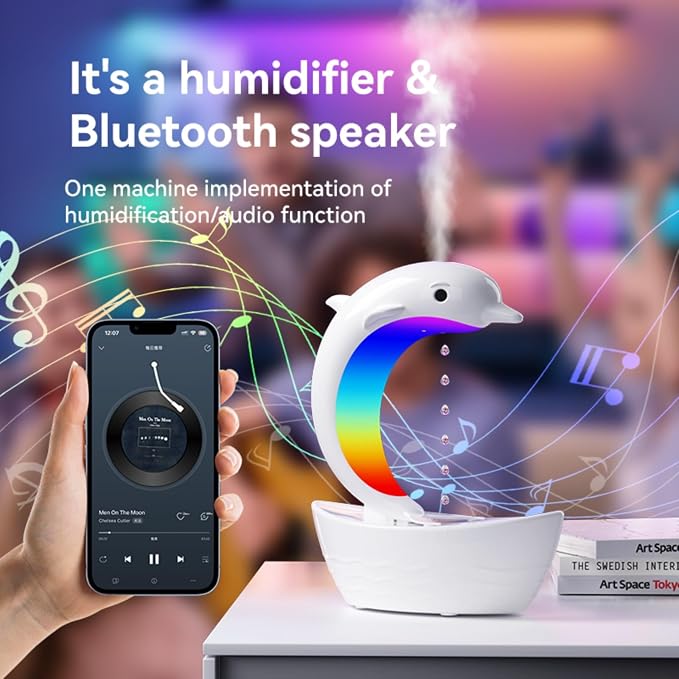 Dolphin Anti-Gravity Water Droplet Cool Mist Humidifier 300ml, 3-in-1 Humidifier Bluetooth Speaker 7 Color Night Light Aroma Diffuser, Auto Shut Off Desktop Mist Maker for Bedroom Office 400sq.ft