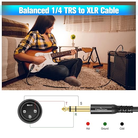 Twozoh XLR Male to 1/4 Inch Jack TRS Cable, Balanced 6.35mm Plug to 3 Pin XLR, Quarter Inch Stereo Guitar Cable 6.6FT (Professional/HiFi)