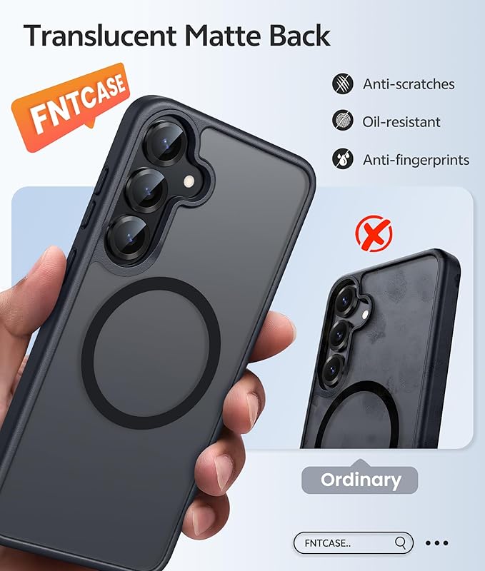 FNTCASE for Samsung Galaxy S25 Case: Samsung Galaxy S24 Phone Case Fit with Magsafe Translucent Matte Case with [Screen Protector] Military Grade Shockproof Protective Phone Cover-Black