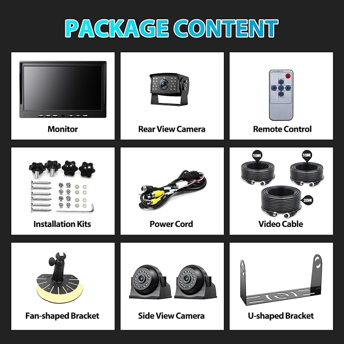 Fookoo HD 1080P 10" Wired Backup Camera System, 10" Triple Split Screen Monitor W/Recording, IP69 Waterproof Side & Rear View Cameras, 4 Channel, Parking Lines, RV/Truck/Trailer/5th Wheel (DY103)