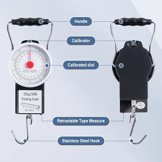 Goture Hanging Scale with 39" Built-in Tape Measure, 50lb/22kg Fishing Scale, Battery-Free Mechanical Spring Scale for Weighing & Measuring Fish, Waterproof Fishing Gear for Saltwater and Freshwater