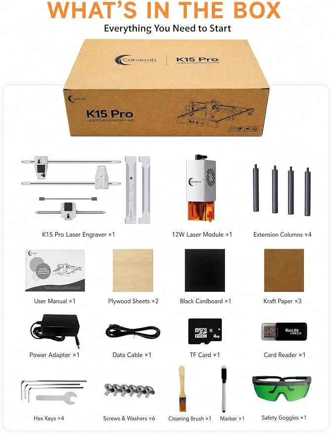 Laser Engraver, Carverall K15 Pro 5W Laser Engraving Machine for Beginners DIY High Accuracy 200x300mm (Near A4) Portable CNC Laser Cutter for Wood Coated Metal Acrylic Leather, 5000mW, Class 1