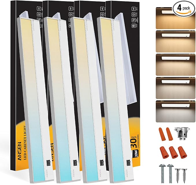 Ansen 4Packs of Under Cabinet Lighting Hardwired, 30IN 20W 1150LM, Dimmable Led Light for Kitchen/Bar/Closet, CRI>92, R9>90, 5 Color Temperature, 2700K-5000K(Warm White, Cool White, Daylight)