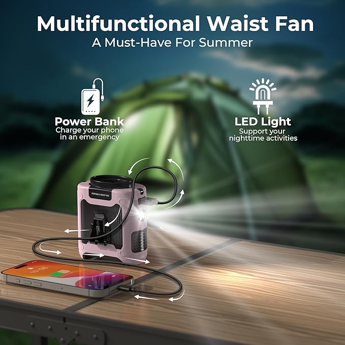10000mAh Portable Waist Fan, Mothers Day Gifts for Women Mom, Blue Collar Worker Belt Clip Fan with Light, Essentials for Camping Gardening, 40H 16000RPM Rechargeable Cooling Gadgets for Women 2026