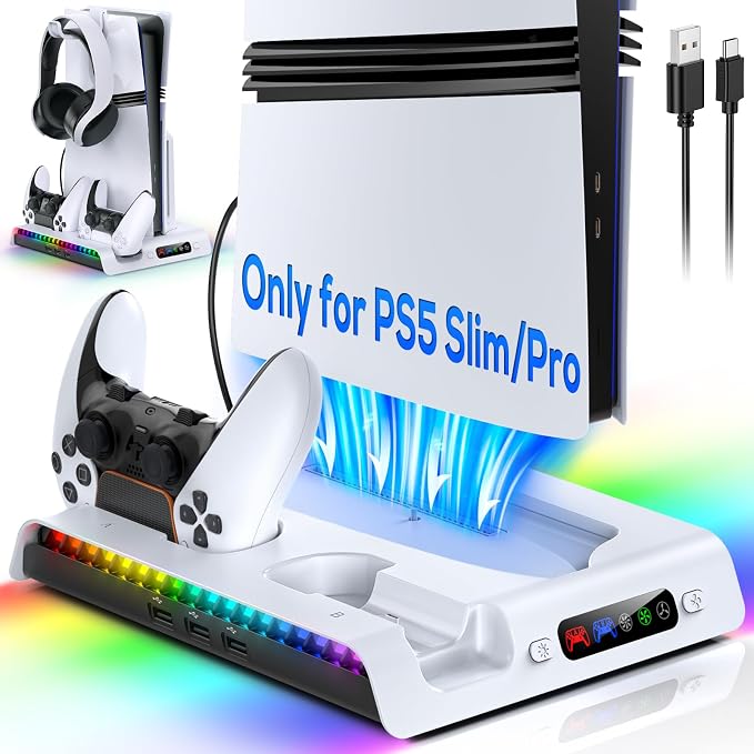 FASTSNAIL Charging Stand with Cooling Fan for PS5 Pro/Slim Console, Vertical Controller Charger Station with 9 RGB Lights & Headset Hook & 3-Level Silent Fan, Cooler Accessories for PS5 Pro/Slim