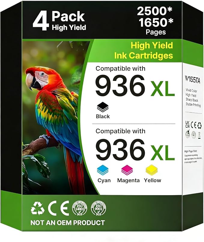 936XL 936 Ink Cartridges for HP Printers (4-Pack) for HP 936 Ink Cartridges Work OfficeJet Pro 9730e 9135e 9120e 9110 9120b 9120 9110b 9130e 9110e 9130b, Black Cyan Magenta Yellow with Chip 6C3Z5LN