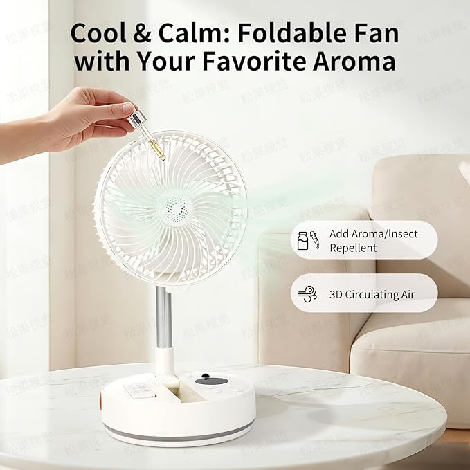 Portable Fan Rechargeable with Scent Function – Foldable & Extendable 3.4ft, 7200mAh Rechargeable Battery, 90° Oscillation & 4-Speed Adjustable, Desk & Floor Fan for Bedroom, Office, Travel, Quiet