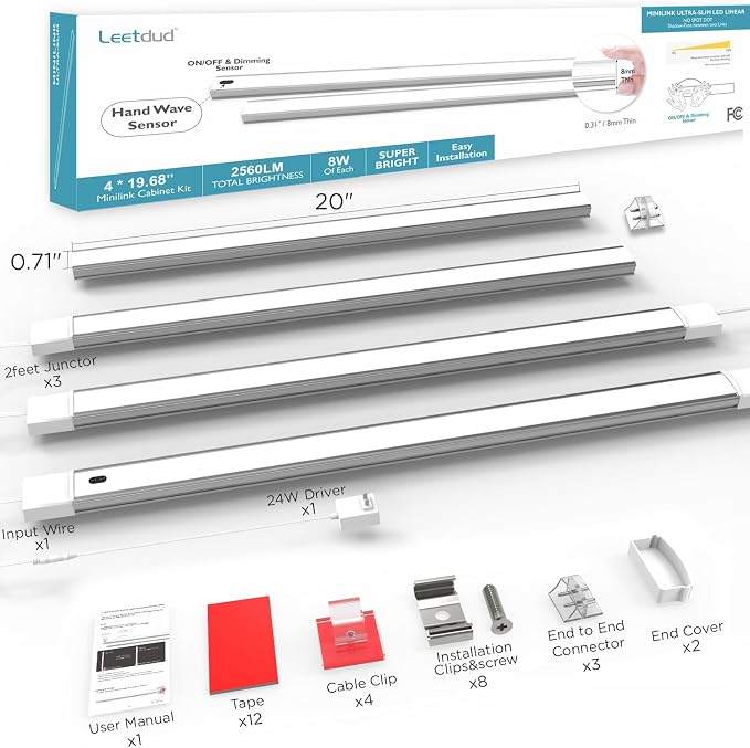 Leetdud Hand Wave Under Cabinet LED Lighting Plug in, 20 Inch 4-Pcs Dimmable Linkable Ultra Thin Aluminum Alloy Housing, 4000K Natural White Motion Sensor Counter Lights for Kitchen, Shelf, Cupboard