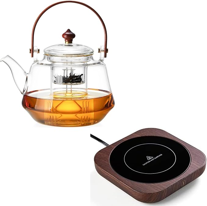 40oz Glass Teapot with Anti-Drip Spout & Coffee Mug Warmer with Auto Shut Off, 3 Temperature Settings