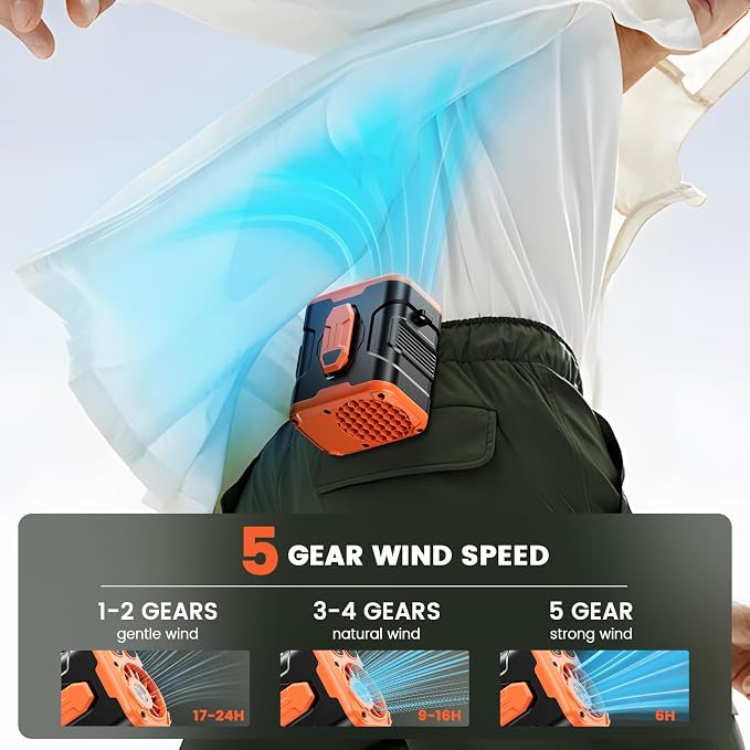 coldSky Upgraded Waist Fan Clip On, Wearable Belt Personal Fan with Light, 5 Speeds Strong Airflow Cooling for Outdoor Jobsite Camping Travel
