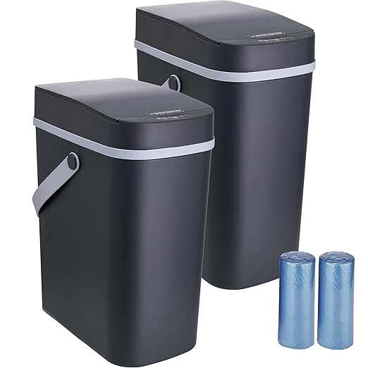 2 Pack Touchless Trash Can with Lid and Handle - 2.6 Gallon Waterproof Motion Sensor Garbage Can - Small Trash Bin for Kitchen, Bathroom, Office - 10L Gallon Capacity Garbage Bin, Black