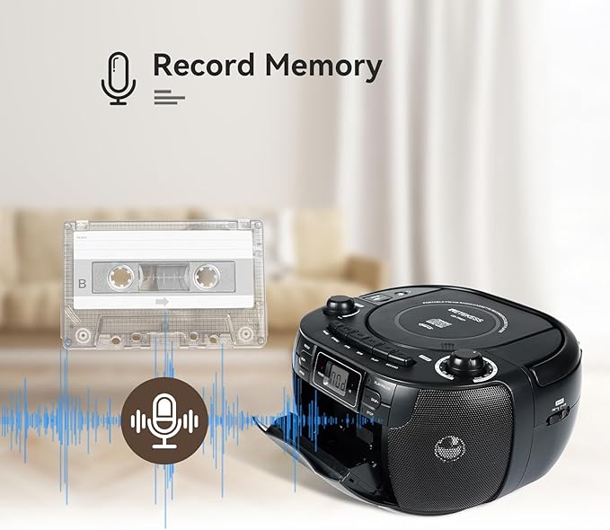 Retekess TR621 CD Player Boombox, Cassette Tape Player AM FM Radio, Stereo Sound, USB and TF Card Playback with Remote Control, Tape Recording, for Home(Black)