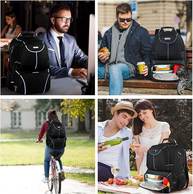 VECKUSON Lunch Bag Backpack, Insulated Cooler Lunch Box Backpack, Extra Large Travel Laptop Backpack TSA Friendly RFID Computer College bag for Women Men,Blue