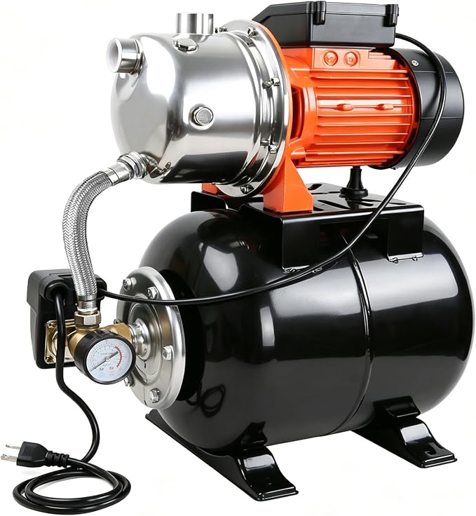 1 HP Shallow Well Pump with Pressure Tank, 1000 GPH, Automatic Irrigation Water Booster Pump with 130 ft Head Lift 20/40 PSI Pressure Switch 304 Stainless Steel Pump Head for Home Garden Lawn
