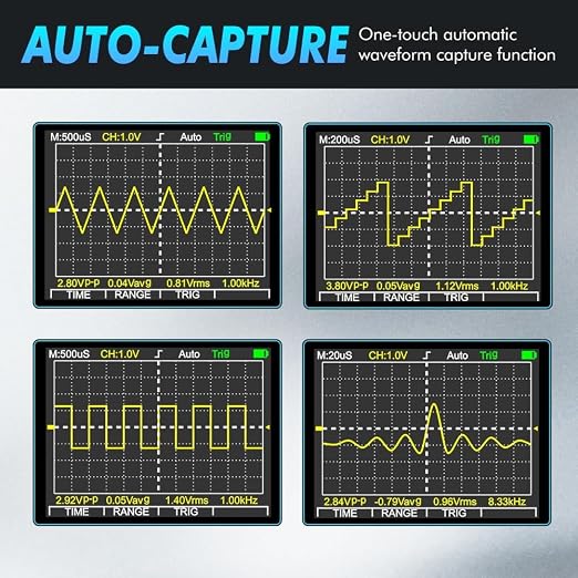 Portable Digital Multimeter Oscilloscope Automotive | 10MHz bandwidth. 50Msps sampling rate. 6000 counts display. Built in 250V explosion proof fuse. Stores 100 data sets.