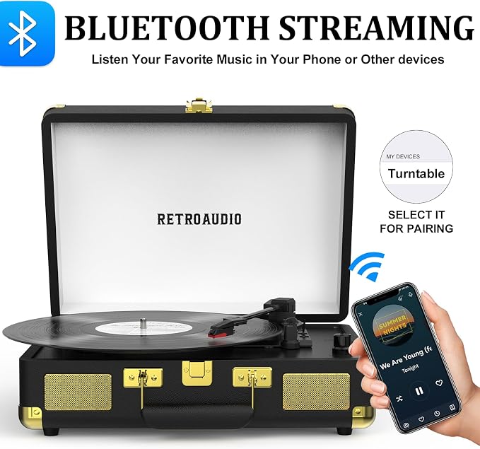 Vinyl Record Player 3-Speed Bluetooth Portable Suitcase Belt-Driven Record Player with 2 Built-in Stereo Speakers Vinyl Vintage Turntable Phonograph Records Player with RCA Line Out, AUX Out