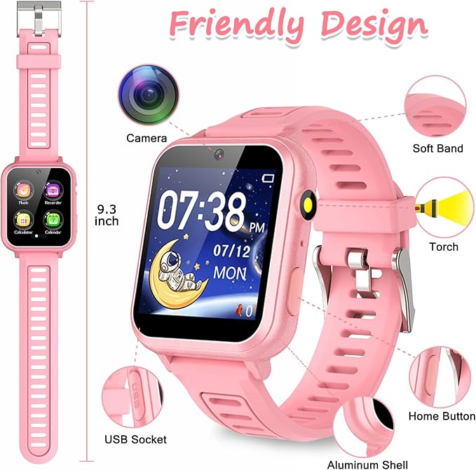 Wiszodet Smart Watch for Kids Gift for Girls Age 5-12, 1.54" Touch Screen Watch with HD Camera Video 39 Games Music Pedometer Flashlight Alarm Clock, Gifts for 7 8 9 10 Year Old Girls Boys