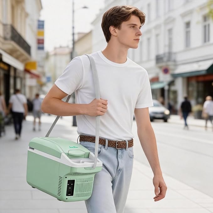 Iceblue Electric Cooler with Type-C, 8 Liter /11 Cans Mini Fridge with Belt, 9V Type-C Thermoelectric Dual-use Car Refrigerator, Car Fridge for Car, Dorm, Travel, Picnic, Gift (Green)