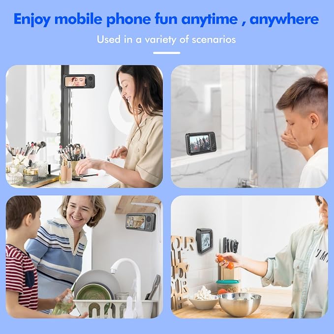 Shower Phone Holder with Wireless Bluetooth Speaker, Waterproof 480 Rotation Viewable Shower Phone Stand Case Mount Speakers for Bathroom Wall Mirro for 4"- 6.8" Cell Phones ,Gift for Mom(Black)