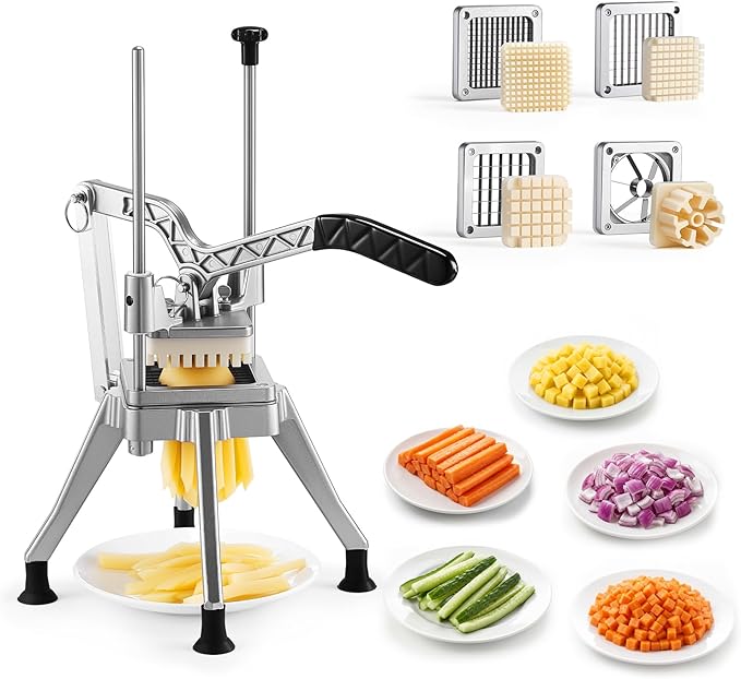 VEVOR French Fry Cutter, Commercial Vegetable Chopper with 4 Replacement Blades, 1/2", 3/8", 1/4" Blade Easy Dicer Chopper and 6-wedge Apple Corer, 420J2 Stainless Steel, for Restaurant Kitchen