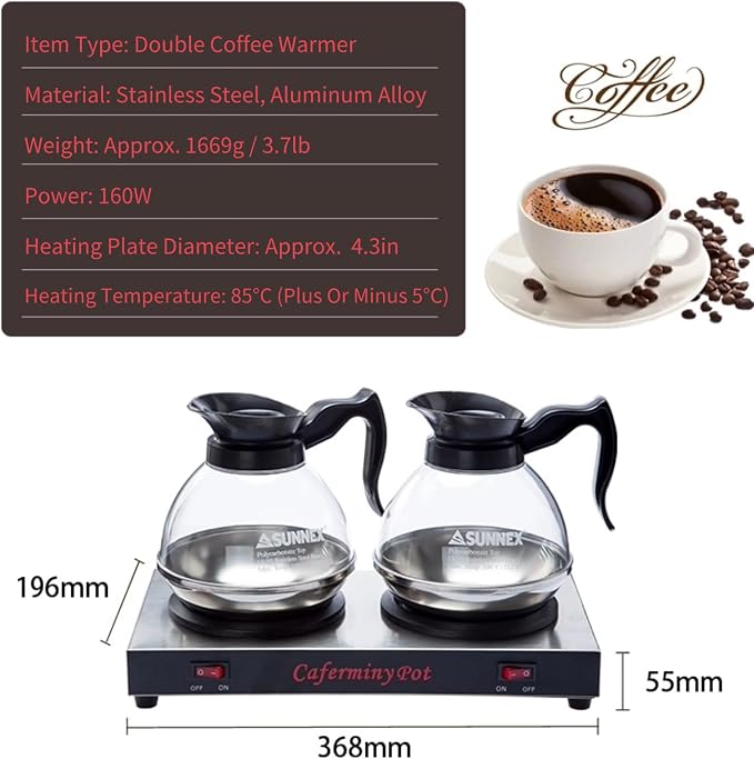 Commercial Coffee Warmer Dual Decanter Warmer Plate, Stainless Steel Portable Warmer for Standard Glass Decanter, Suitable for Cafe, Break Room, Buffet, Event and Commercial Use