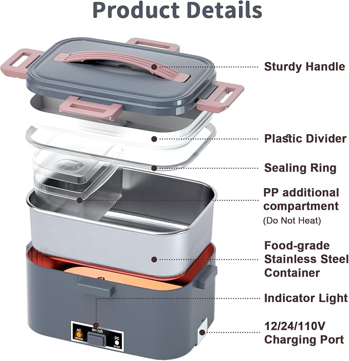 IFENROL Electric Heated Lunch Box for Adults with 1.8L Container, ON/OFF Power Switch & 0.6L Double Layer, Portable 100W 3-IN-1 Fast Heating Food Warmer for Men, 12V/24V/110V for Car Truck Office
