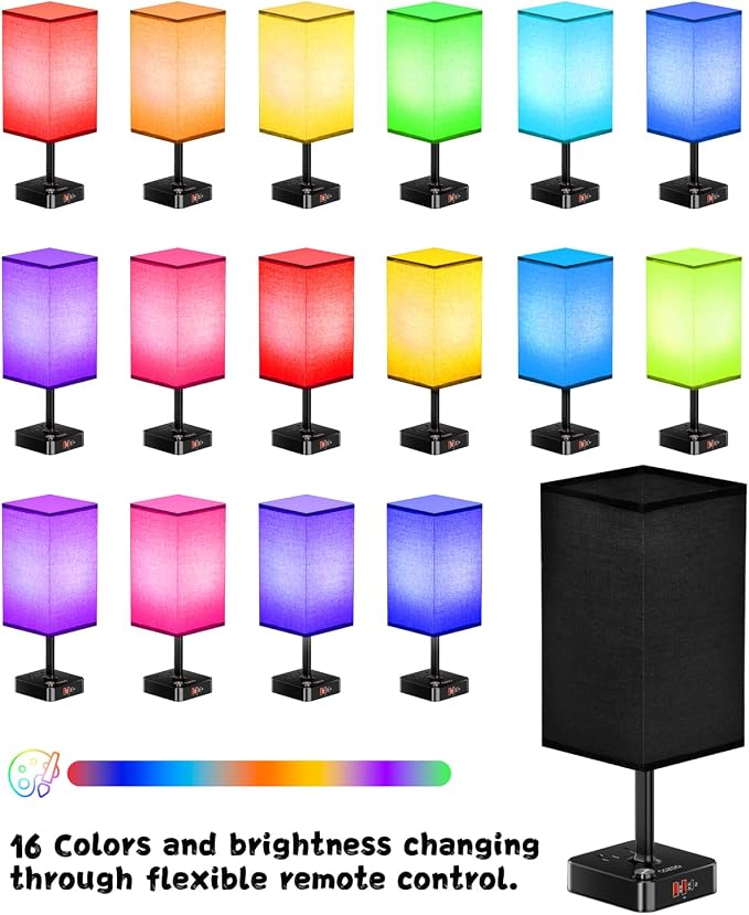 RGB Table Desk Lamp with 16 Million Colors & Music Sync | Smart Color Changing Nightstand Light Stepless Dimmable Warm-Cool White + USB Charging AC Outlets for Gaming,Home Office,Bedroom Mood Lighting
