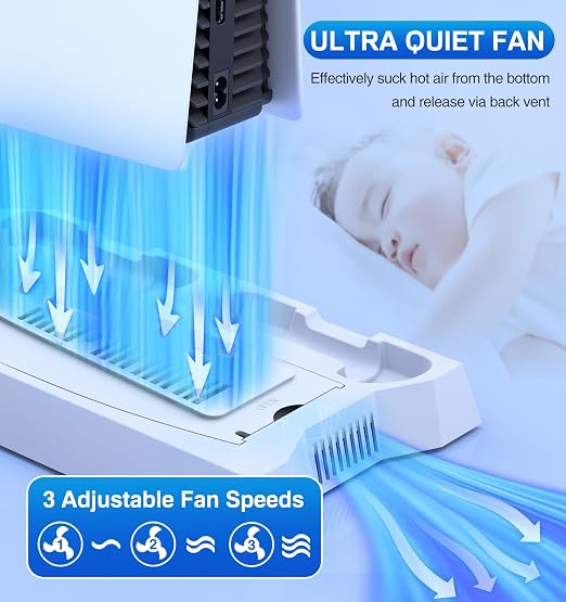PS5/Slim/Pro Cooling Station for PlayStation 5 Console Disc/Digital Edition - PS5 Slim Pro Cooling Stand with Controller Charging Station Accessories-Cooler Fan/Headset Holder/3 USB Hub, White