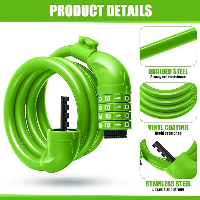Hotop 8 Pcs Bike Locks Bulk High Security 4 Digit Heavy Duty Bicycle Cable Locks with Mounting Bracket 4 Ft Resettable Coiling Bike Lock with Combination, 1/2 Inch Diameter(Green)