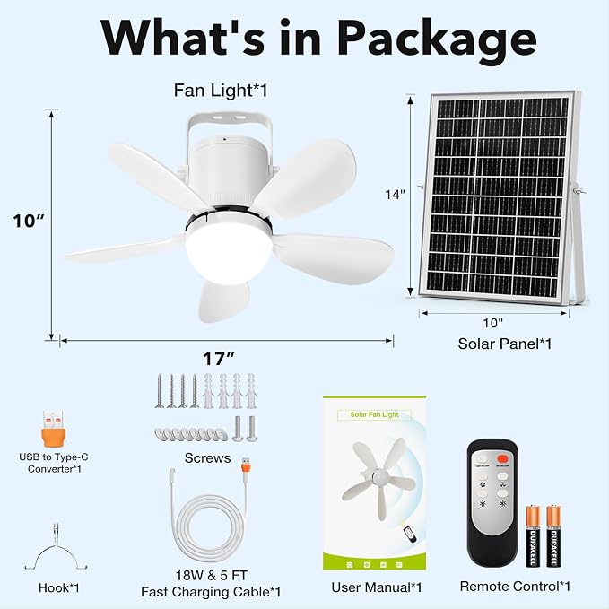 Solar Ceiling Fan Light, Portable Solar Powered Gazebo Fan Light for Outside, Rechargeable Battery Camping Fan Light with Remote, for Outdoor Canopy Tent RVs Porch Patio Greenhouse Pergola