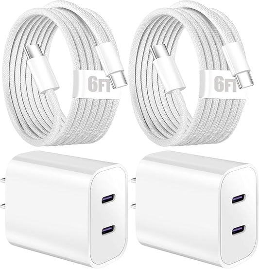 iPhone 17 16 15 Charger Fast Charging,6FT Woven USB C Charger Fast Charging Cord,2Pack Dual Port USB C Chargers Block,Double Type C Chargers for iPhone 17/17 ProMax/17 Air/16 ProMax/16e,15 Pro/15 Plus
