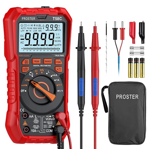 Proster Digital Multimeter Tester True RMS 9999 Counts - Auto Ranging Multimeter, AC DC Voltage Current Meter with NCV Inductance Backlight Temperature Capacitance Test Meter Electrical