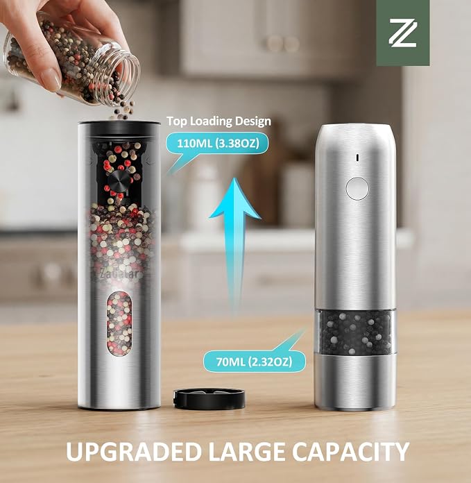 Zadelar Rechargeable Electric Salt and Pepper Grinder Set with USB-C Charging Base, Stainless Steel Automatic Salt and Pepper Shakers, Adjustable Coarseness, LED Light, Large Capacity, Kitchen Gift