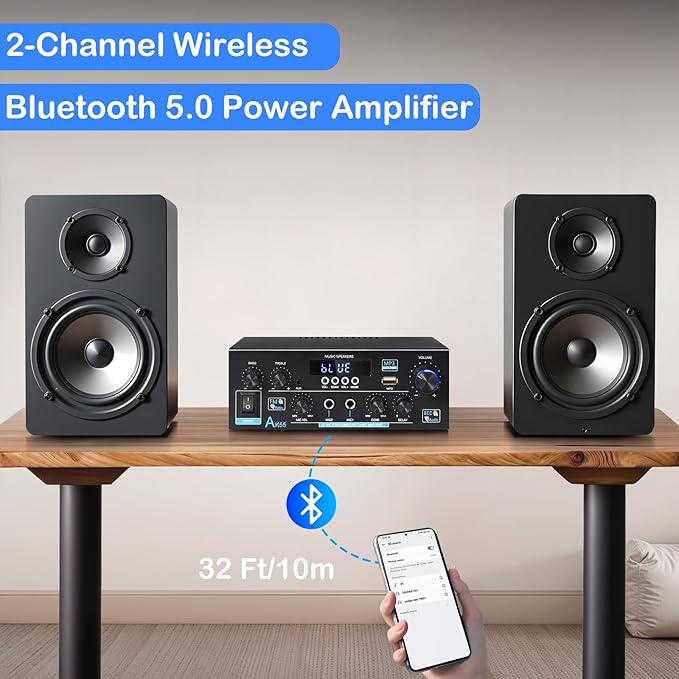 AK55 Stereo Amplifier Home Audio, Bluetooth 5.0 Max 600W Power Stereo Receivers 2.0 Channel Audio Amplifier for Speaker W/Remote Control/AUX/RCA/Echo/USB/2 MIC in for Home Party, Karaoke