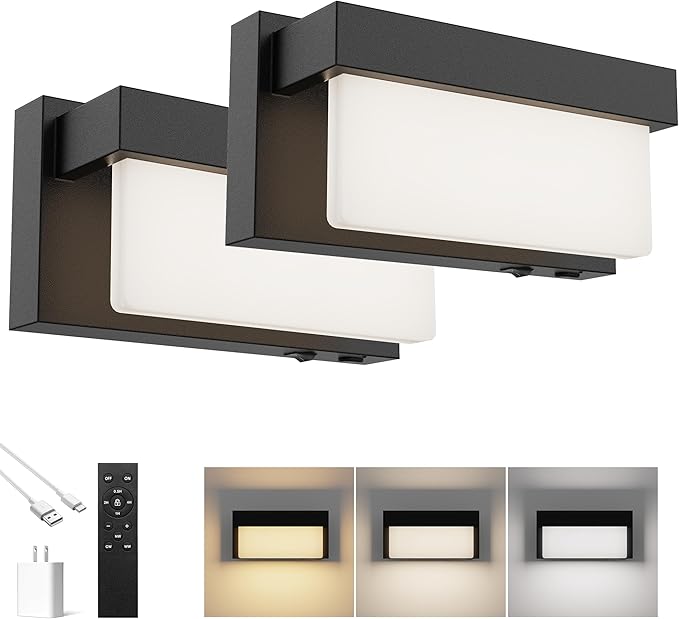 Battery Switched LED Wall Sconce Set of 2, Indoor 8 inch 3.5 Watt 3CCT Black Wall Sconce Light with On/Off Switch, Frosted Arcylic Shade Sconces for Bedroom Living Room Bathroom Hallway