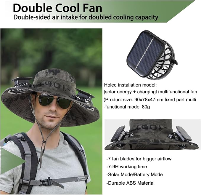 Outdoor Solar Powered Fan Hat for Men Women Breathable Wide Brim Hat with 2 Fans UPF 50+ Fishing Hat Beach Bucket Sun Hat