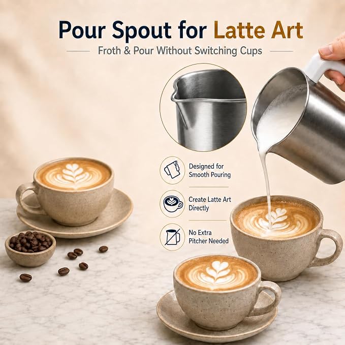 Electric Milk Frother 8.5oz, 4-in-1 Automatic Milk Steamer for Coffee, Latte, Cappuccino, Detachable Stainless Steel Cup, Dishwasher Safe, Magnetic Whisk, Precise Spout for Latte Art, (White)