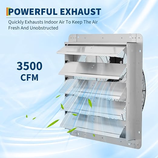 20" Shutter Exhaust Fan with 5 ft Power Cord, 3500 CFM 1500 RPM Quiet High-Speed Airflow with Automatic Shutter Wall Mount fan for Garage, Attic, Greenhouse, Shed Ventilation