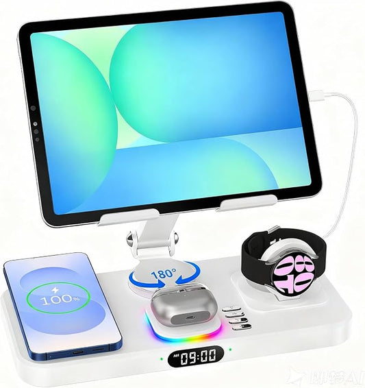 30W Tablet Wireless Charger for Samsung, Foldable Android Charging Station with Clock Display with 7-Color Light, Wireless Watch Charger for S25, Only Compatible Samsung Watch, Galaxy Buds3 Pro(White)